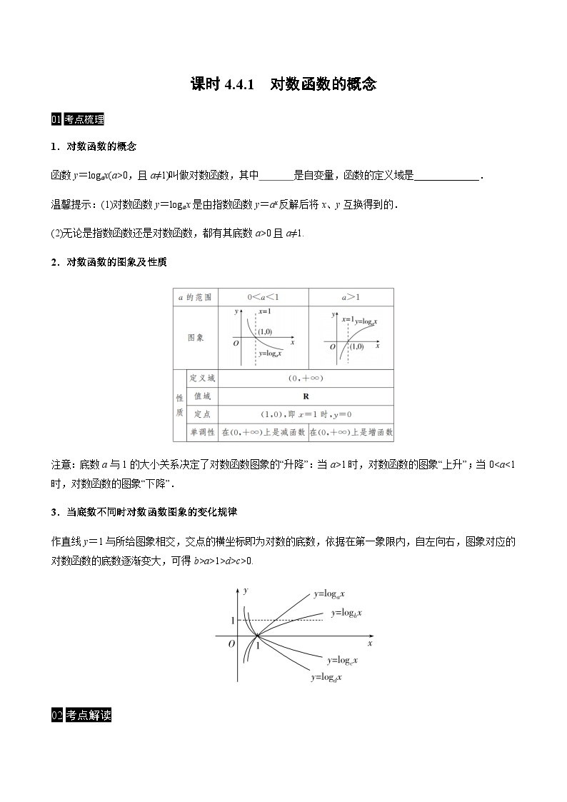 【同步学案】高中数学人教A版(2019)必修第一册--课时4.4 对数函数 学案 3课时（Word版含答案）01