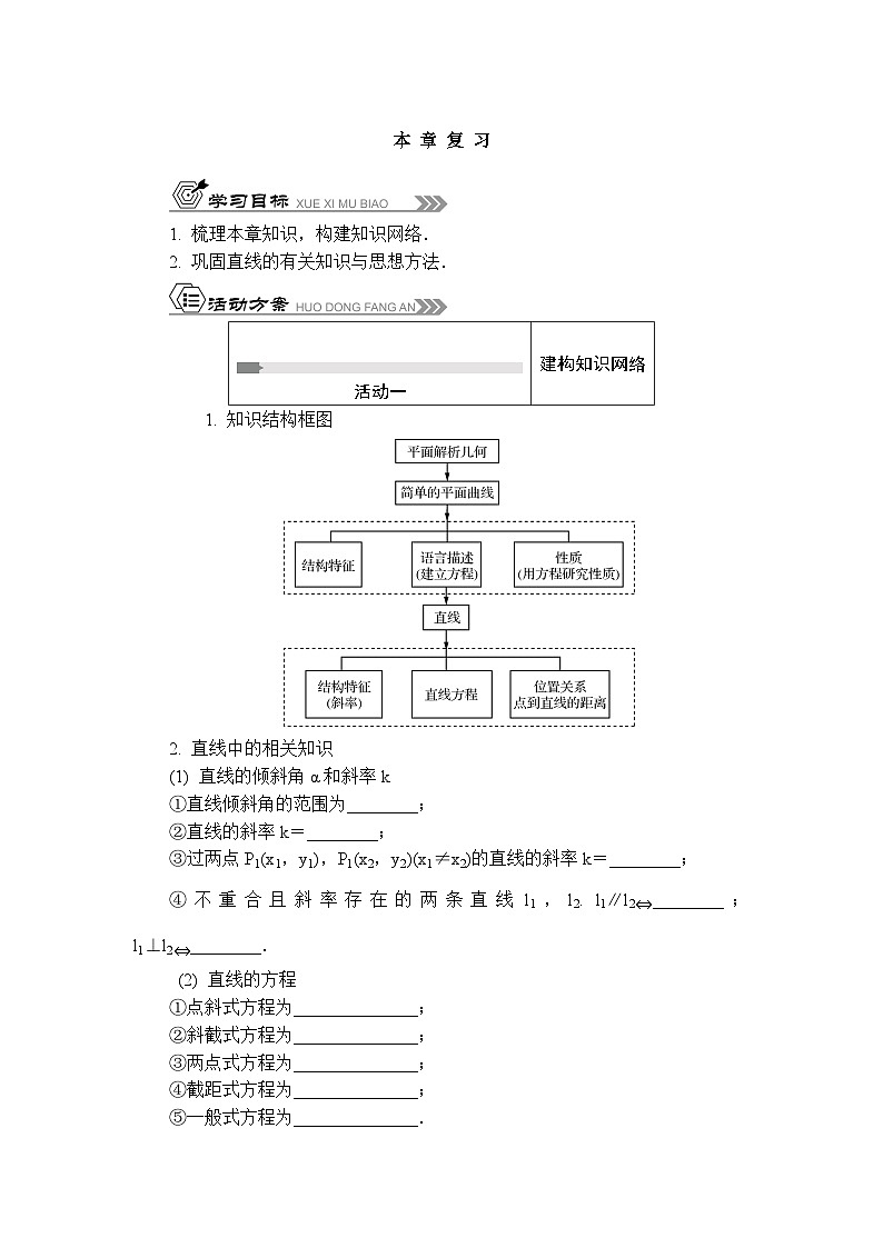 苏教版 高中数学 选择性必修第一册 活动单导学课程 第1章 直线与方程复习(有答案)第1页