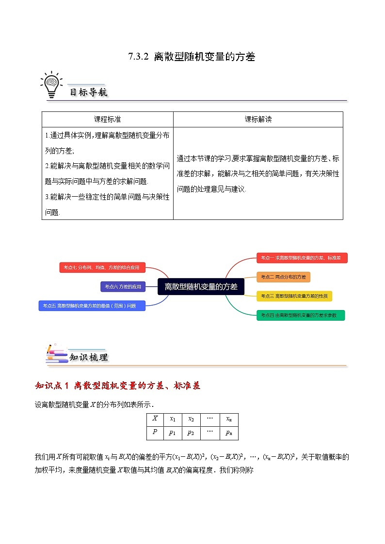 【同步講義】（人教A版2019）高中數(shù)學(xué)選修第三冊(cè)：7.3.2 離散型隨機(jī)變量的方差 （原卷版）第1頁(yè)