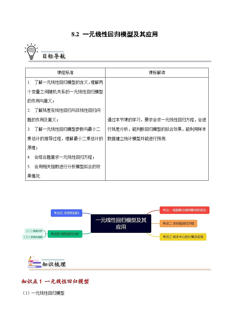 【同步讲义】(人教A版2019)高中数学选修第三册:8.2 一元线性回归模型及其应用 讲义01