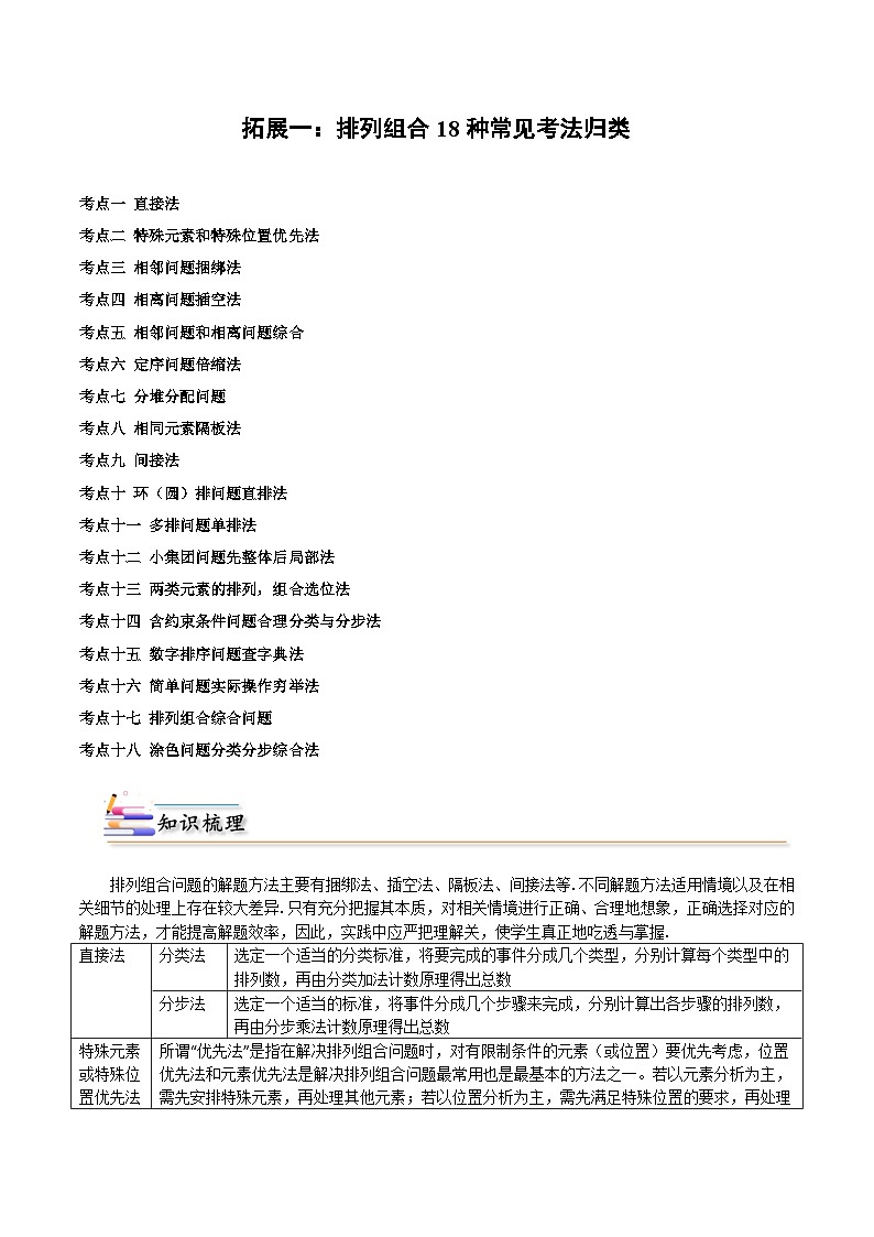 【同步讲义】(人教A版2019)高中数学选修第三册:拓展一:排列组合18种常考考法归类 (原卷版)第1页
