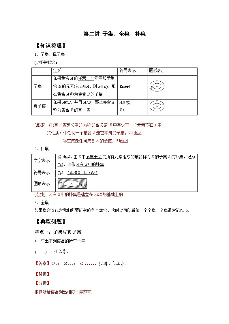 【同步讲义】(苏教版2019)高中数学必修一:第02讲 子集、全集、补集 讲义01