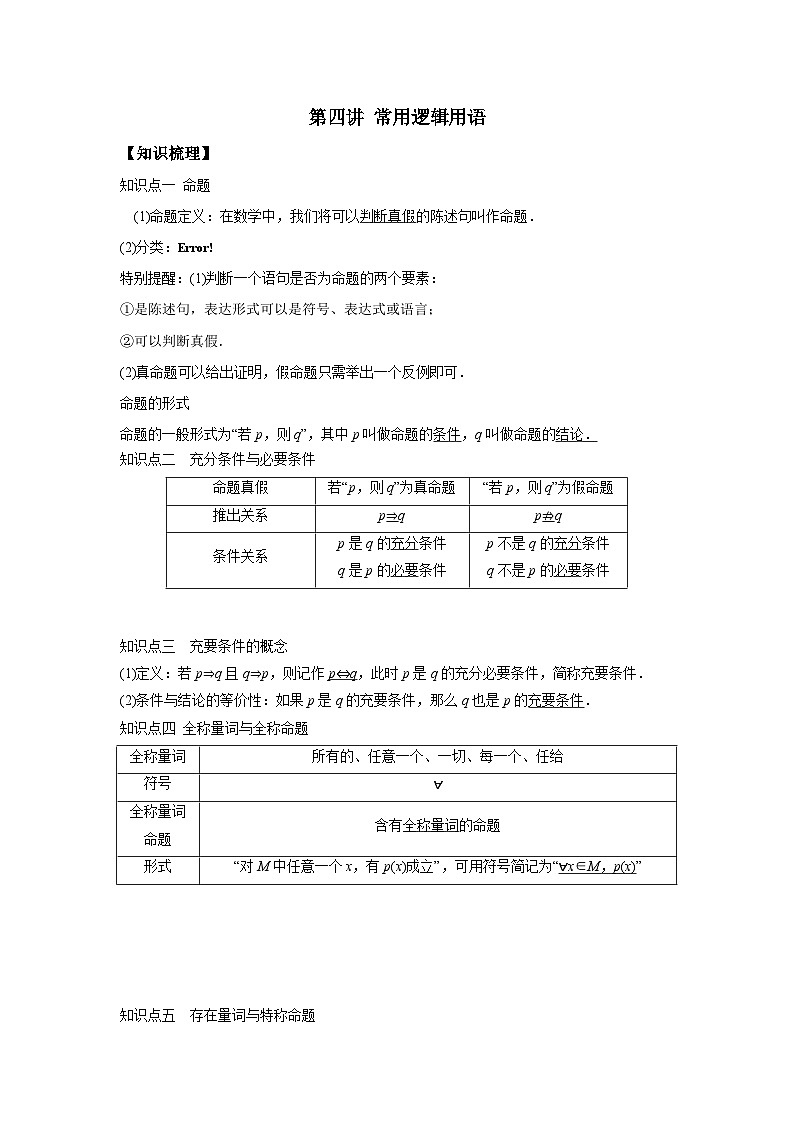【同步讲义】(苏教版2019)高中数学必修一:第04讲 常用逻辑用语 讲义01