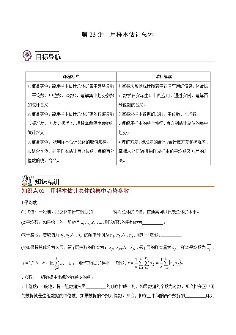 【同步讲义】(苏教版2019)高中数学必修二:第23讲 用样本估计总体 讲义01