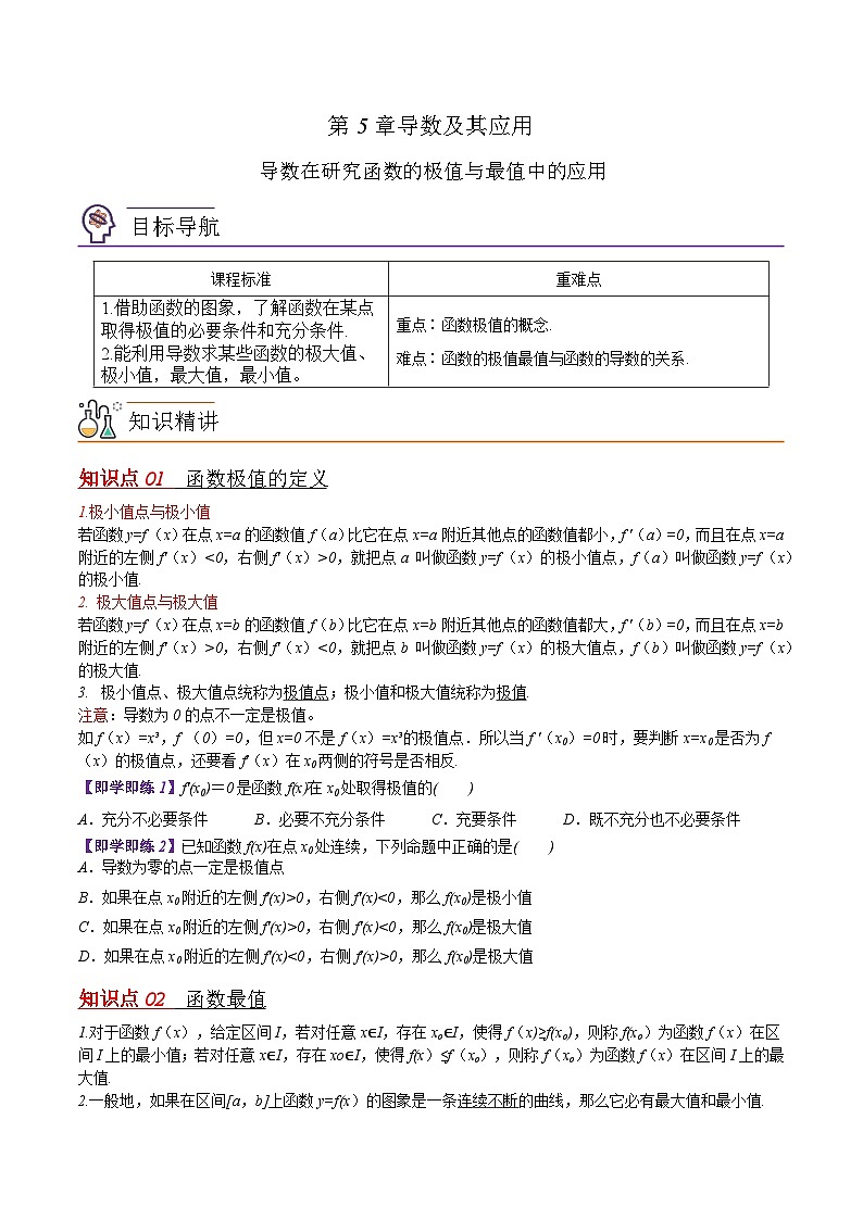 【同步讲义】(苏教版2019)高中数学选修第一册:第24讲 导数在研究函数的极值与最值中的应用(原卷版)第1页