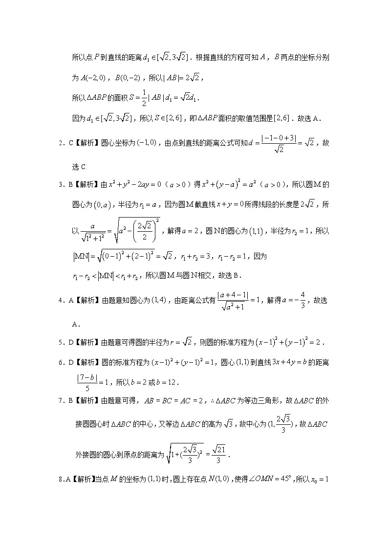 2024届高考数学第一轮复习：文科数学2010-2019高考真题分类训练之专题九  解析几何第二十四讲  直线与圆答案03