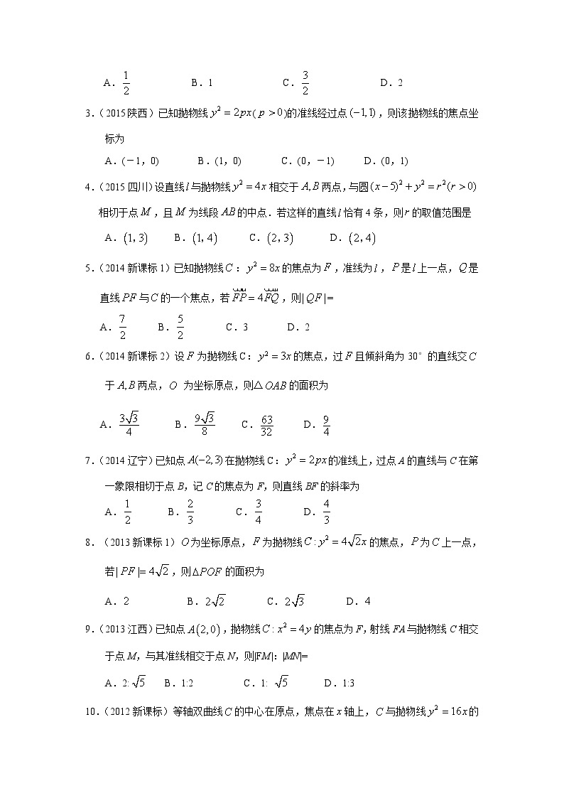 2024届高考数学第一轮复习：文科数学2010-2019高考真题分类训练之专题九  解析几何第二十七讲  抛物线03