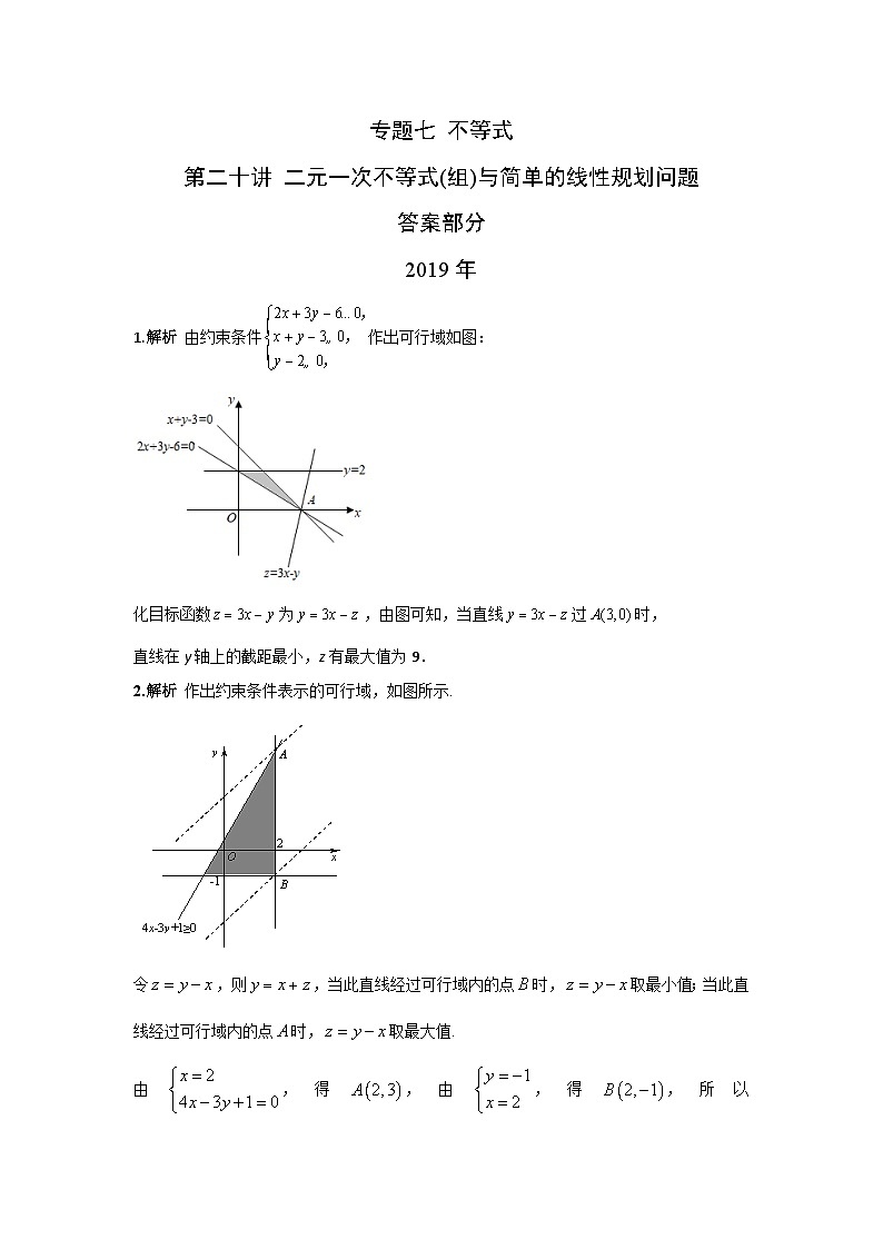 2024届高考数学第一轮复习:文科数学2010-2019高考真题分类训练之专题七 不等式 第二十讲 二元一次不等式(组)与简单的线性规划问题答案01