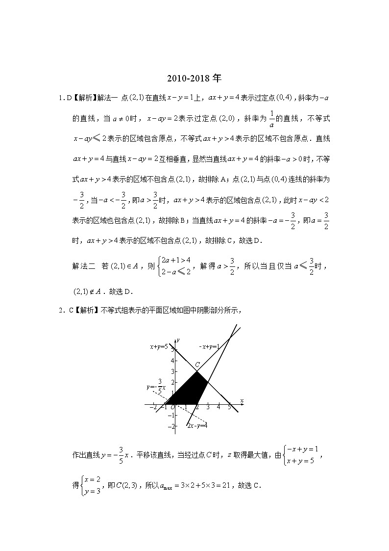 2024届高考数学第一轮复习:文科数学2010-2019高考真题分类训练之专题七 不等式 第二十讲 二元一次不等式(组)与简单的线性规划问题答案03