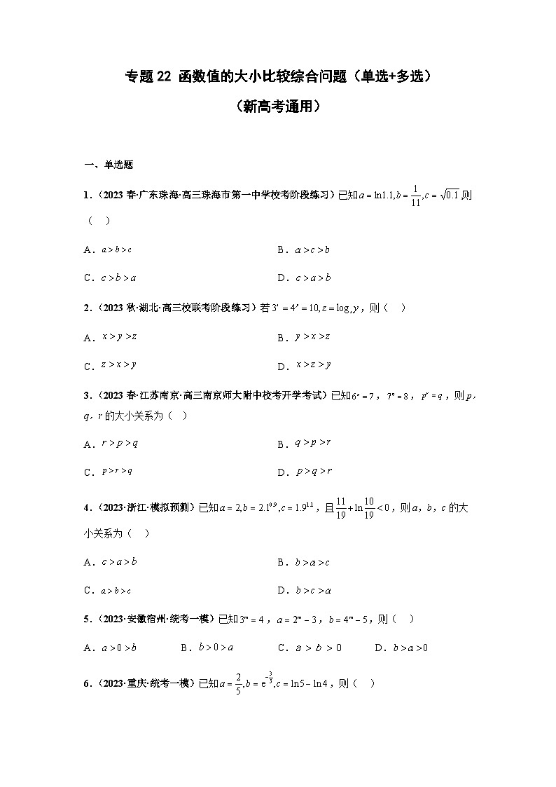备战2024年新高考数学专题训练专题22 函数值的大小比较 综合问题(单选+多选)(新高考通用)01
