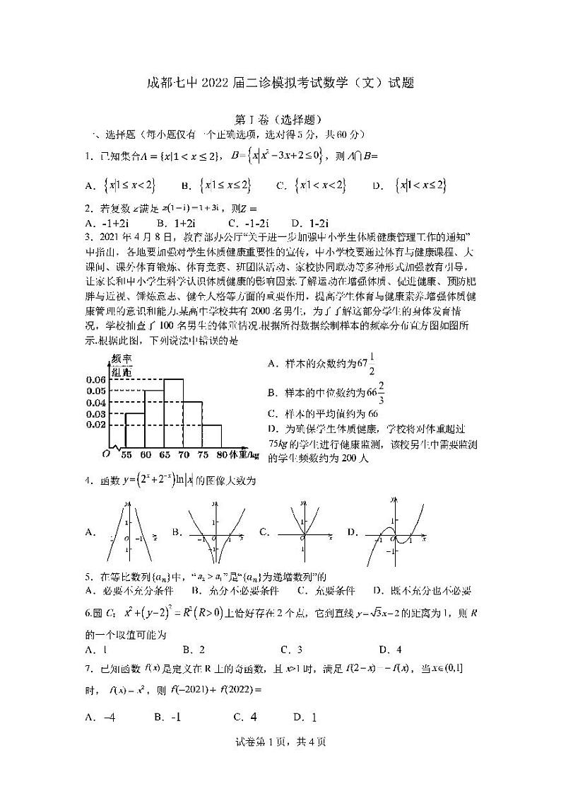 四川省成都七中2022届高三二模模拟考试文数试卷及答案(解析版)(PDF版)第1页