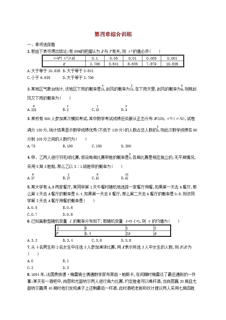新教材2023_2024学年高中数学第4章概率与统计综合训练新人教B版选择性必修第二册第1页