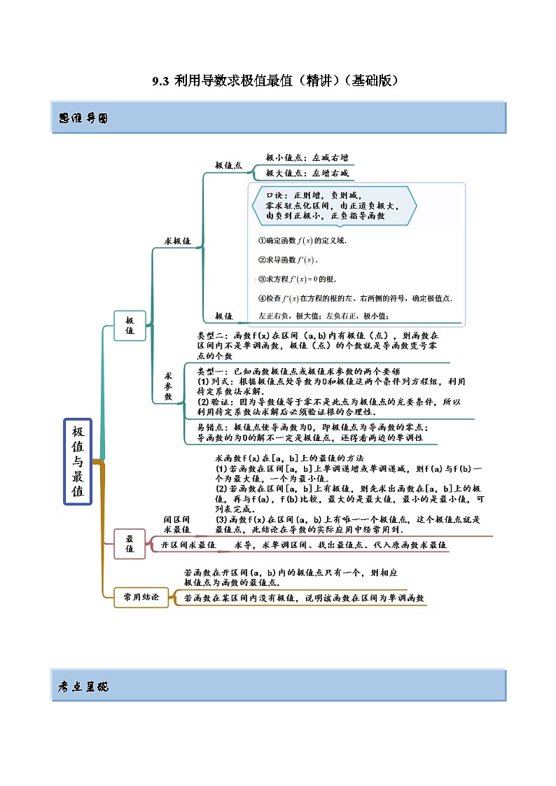 新高考数学一轮复习基础巩固9.3 利用导数求极值最值(精讲)(含解析)第1页