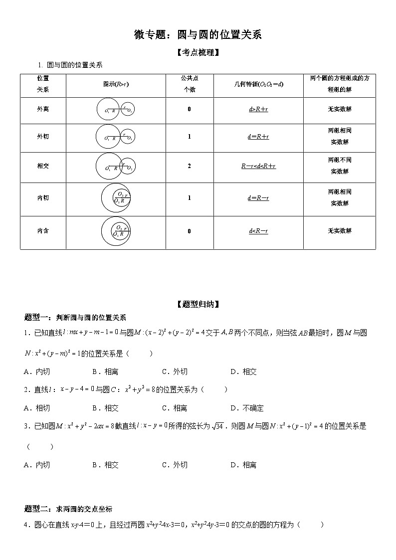 新高考数学一轮复习考点精讲讲练学案 圆与圆的位置关系(含解析)01