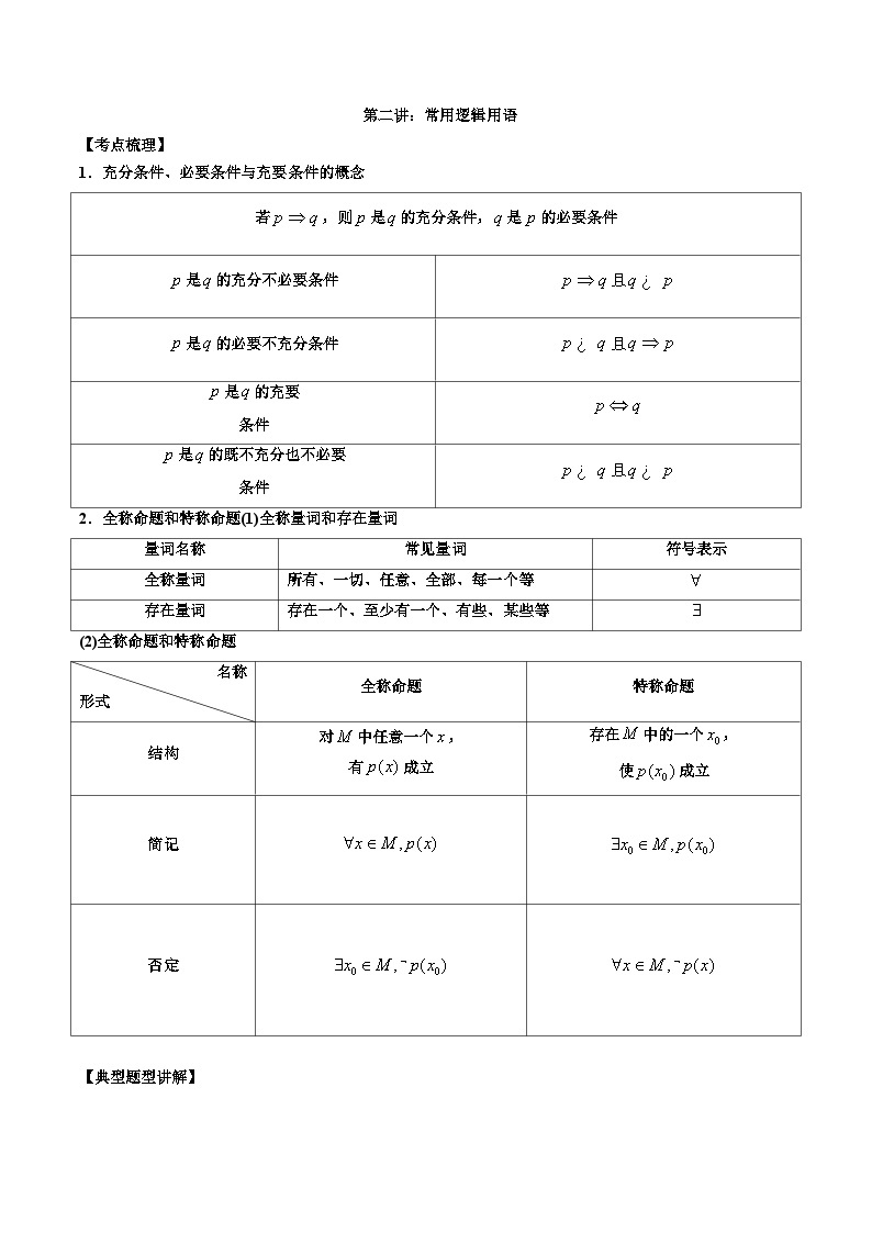 新高考数学二轮复习讲义第二讲常用逻辑用语 （含解析）01