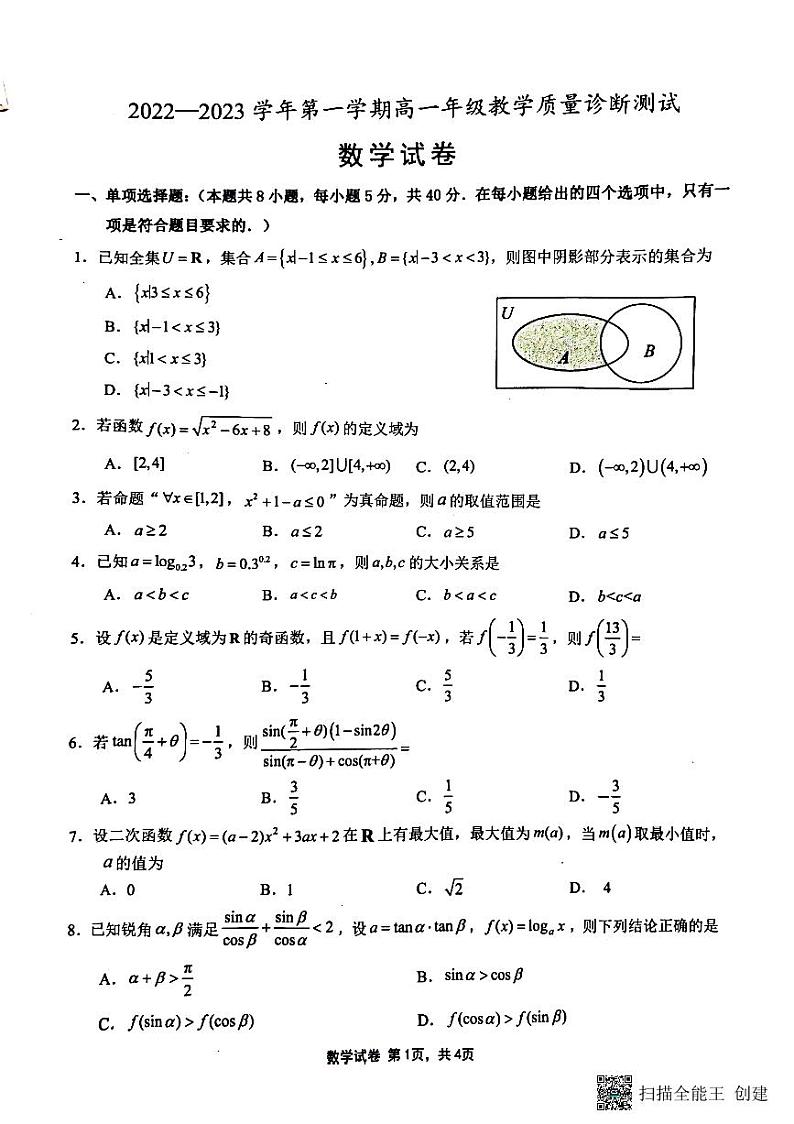 2023安徽师大附中高一上学期期末考试数学PDF版无答案第1页