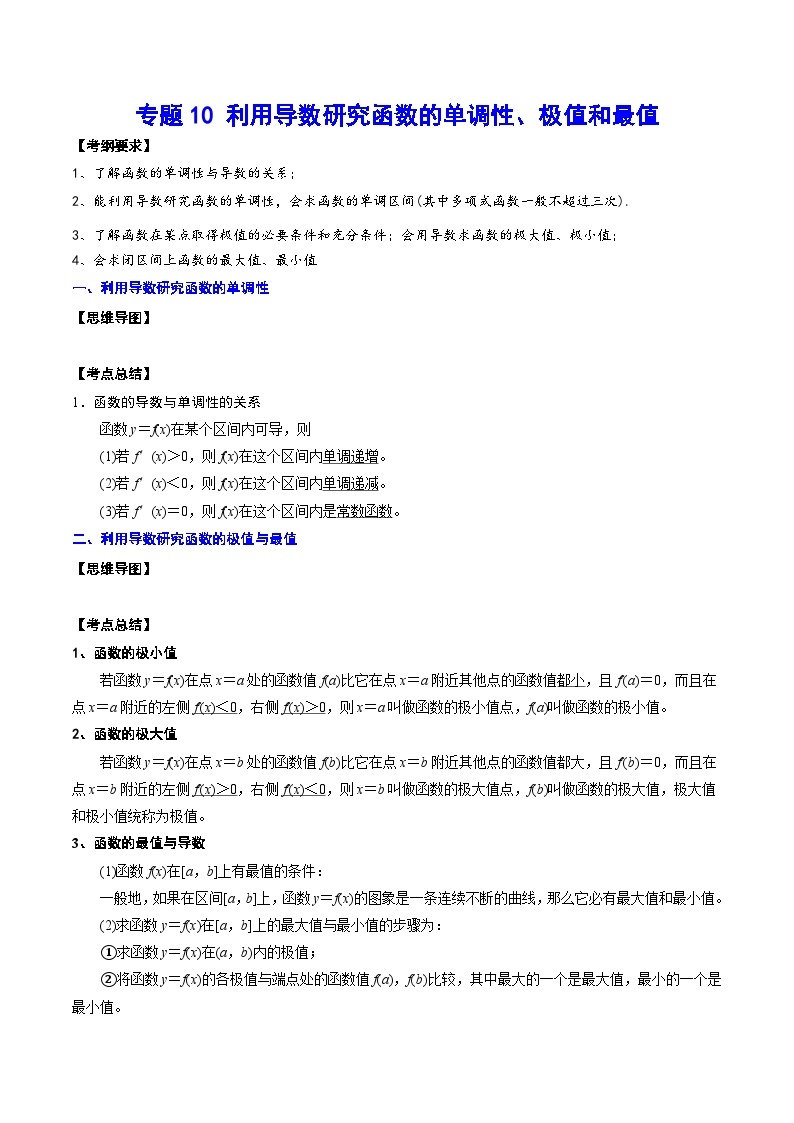 新高考数学一轮复习知识点总结与题型精练专题10 利用导数研究函数的单调性、极值和最值（含解析）01