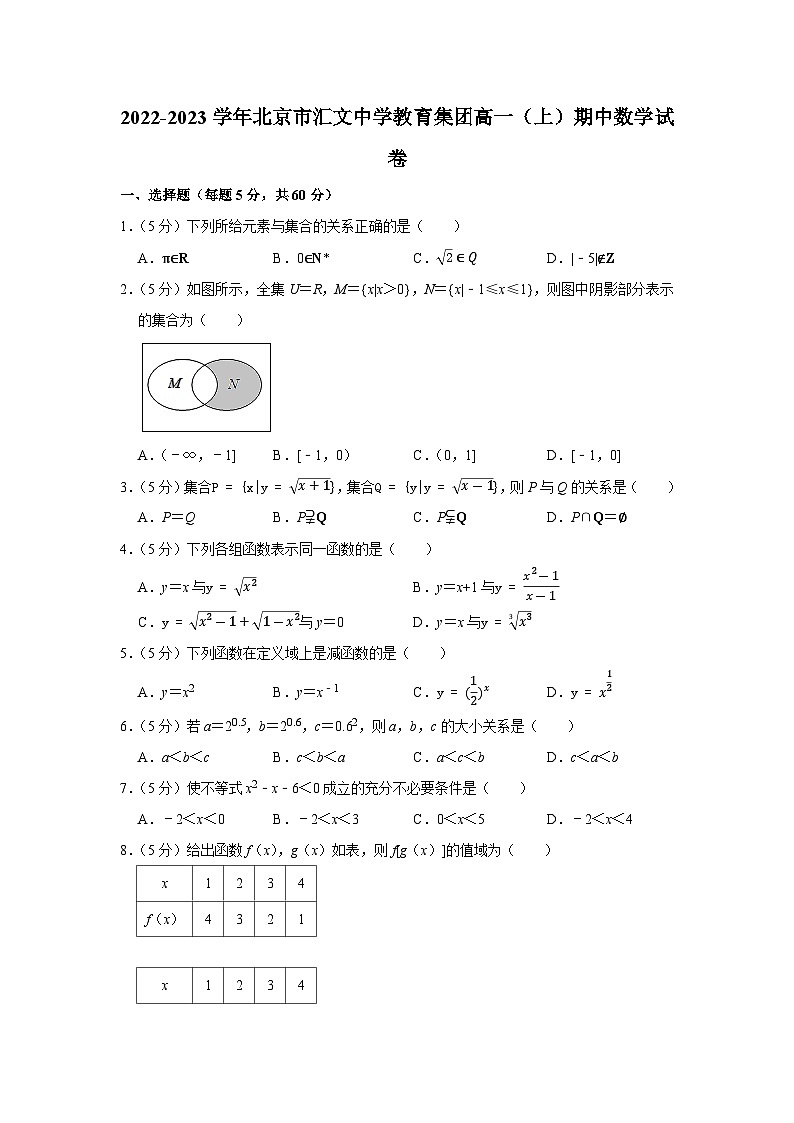 2022-2023学年北京市汇文中学教育集团高一(上)期中数学试卷(2)第1页