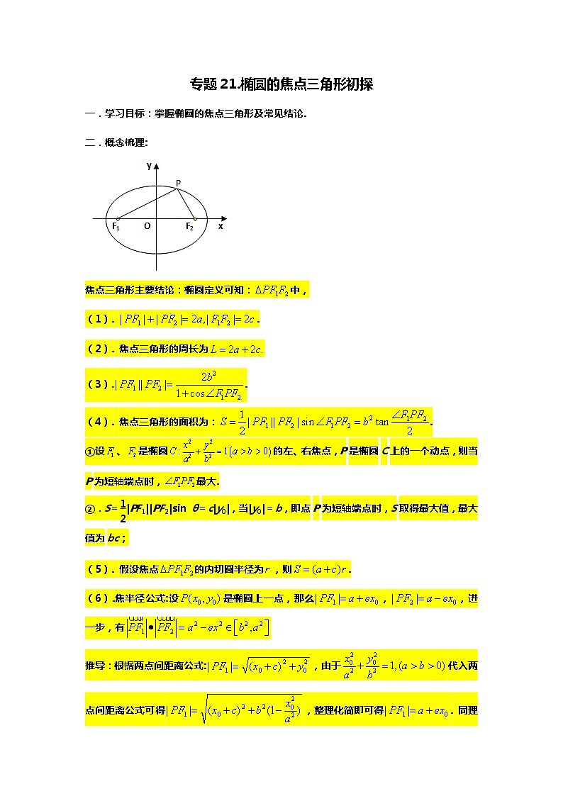 专题21. 椭圆焦点三角形十大应用(备战2024高考数学-大一轮36个核心专题)01