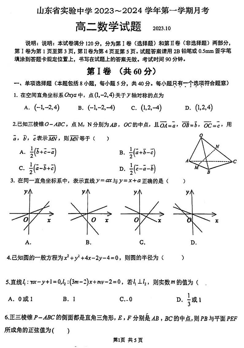 山东省实验中学2023-2024学年高二上学期10月月考 数学第1页