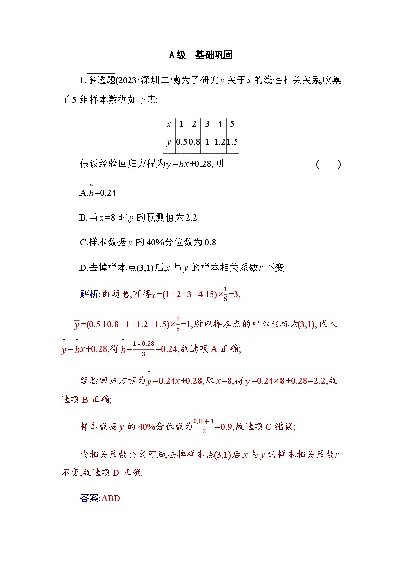 人教A版高中数学选择性必修第三册第八章8-2一元线性回归模型及其应用含答案 试卷01