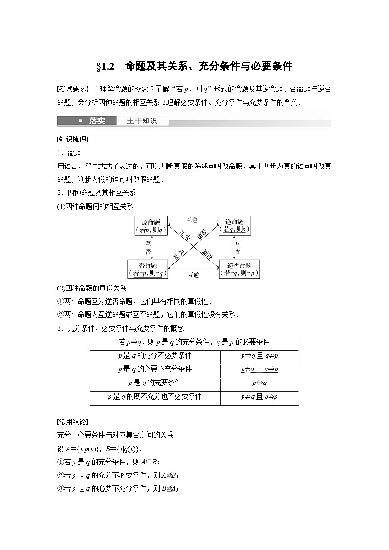 高考数学第一轮复习第一章 §1.2 命题及其关系、充分条件与必要条件01