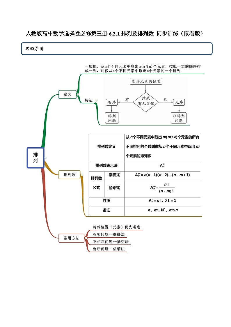 人教版高中数学选择性必修第三册6.2.1排列及排列数 同步训练(含答案)01