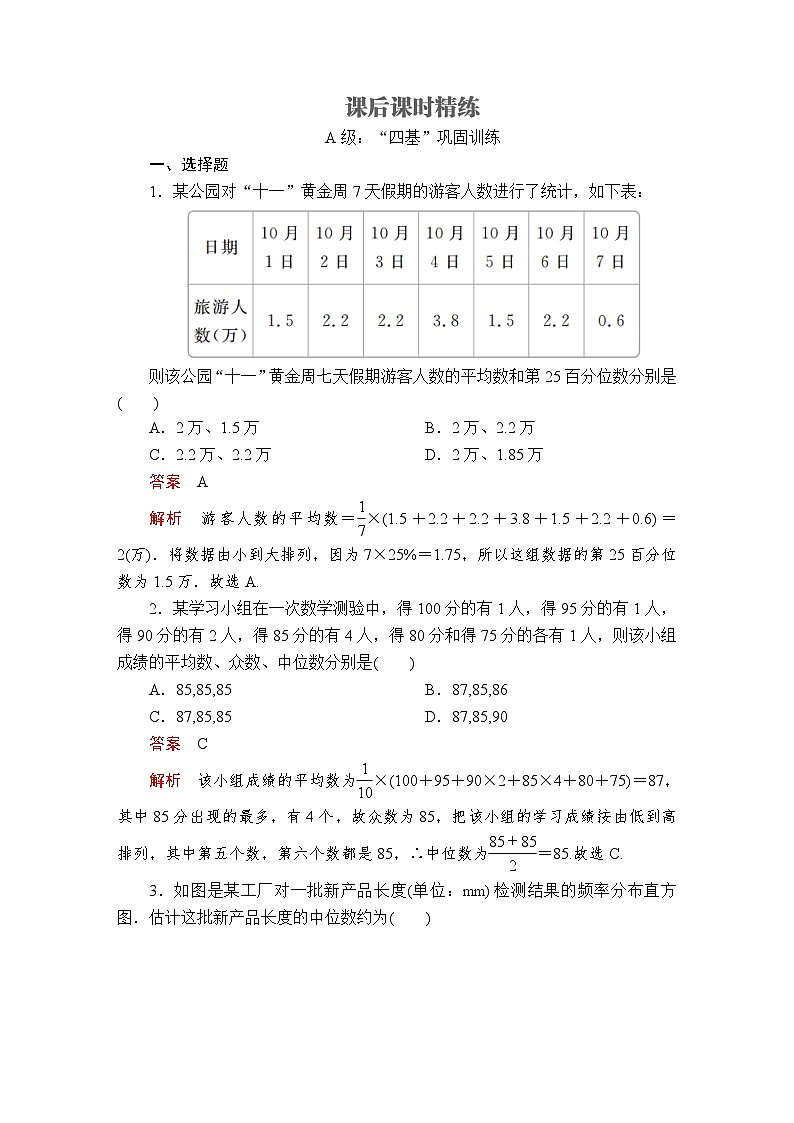 第九章9.2.2《总体百分位数的估计》9.2.3《总体集中趋势的估计》课后课时精练-人教A版高中数学必修第二册01