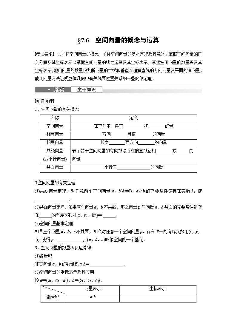 2024年高考数学第一轮复习专题训练第七章 §7.6 空间向量的概念与运算01
