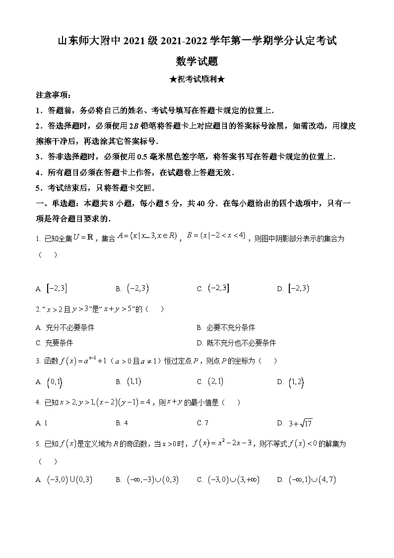 【期中真题】山东省山东师范大学附属中学2021-2022学年高一上学期期中数学试题(原卷版)第1页