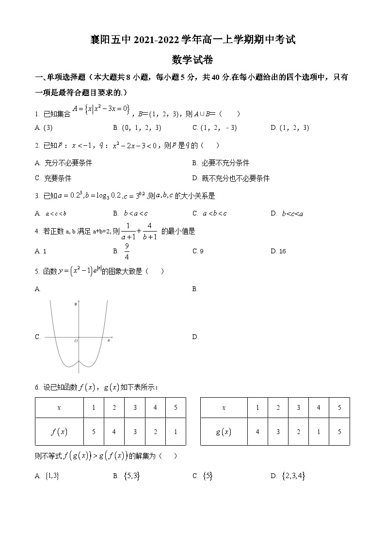 【期中真题】湖北省襄阳市第五中学2021-2022学年高一上学期期中数学试题.zip01