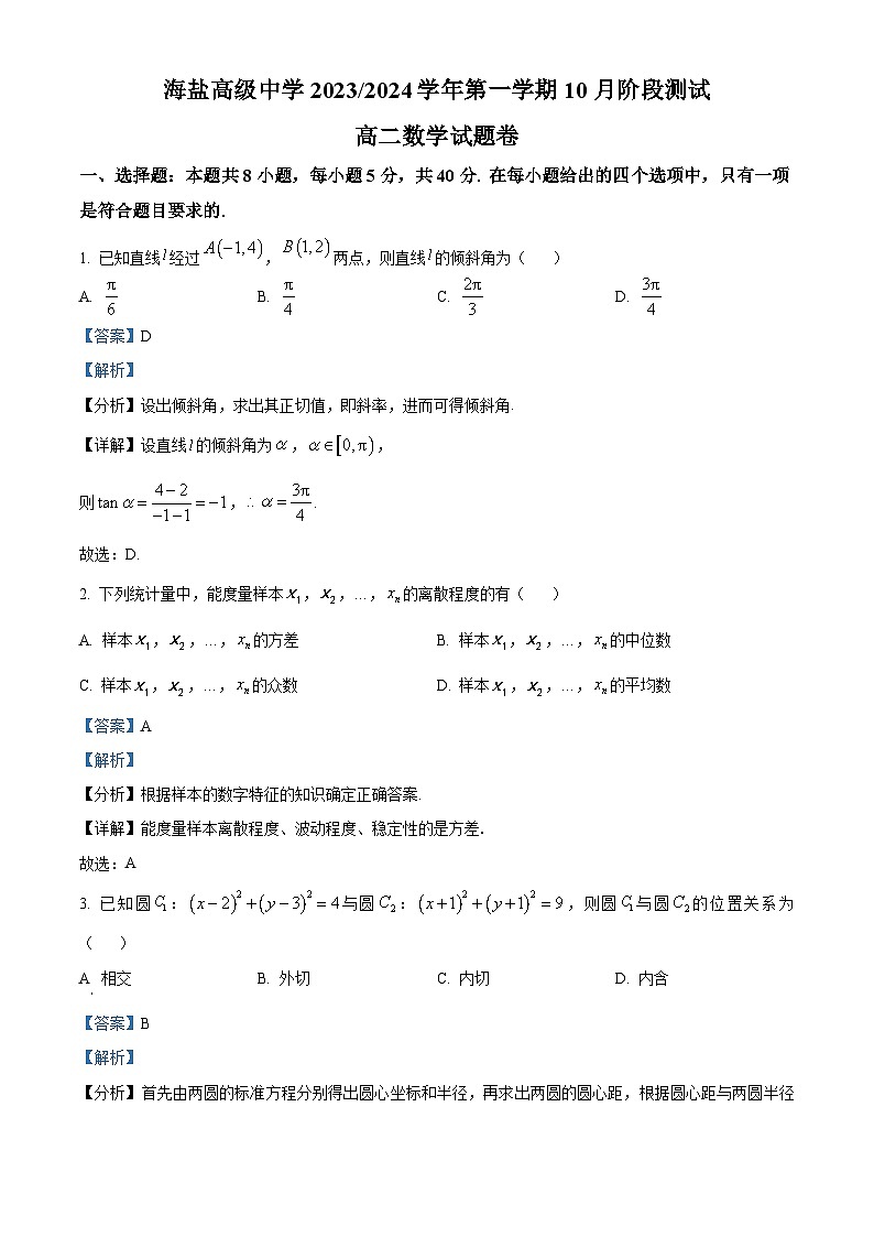 浙江省嘉兴市海盐高级中学2023-2024学年高二上学期10月阶段测数学试题含解析第1页