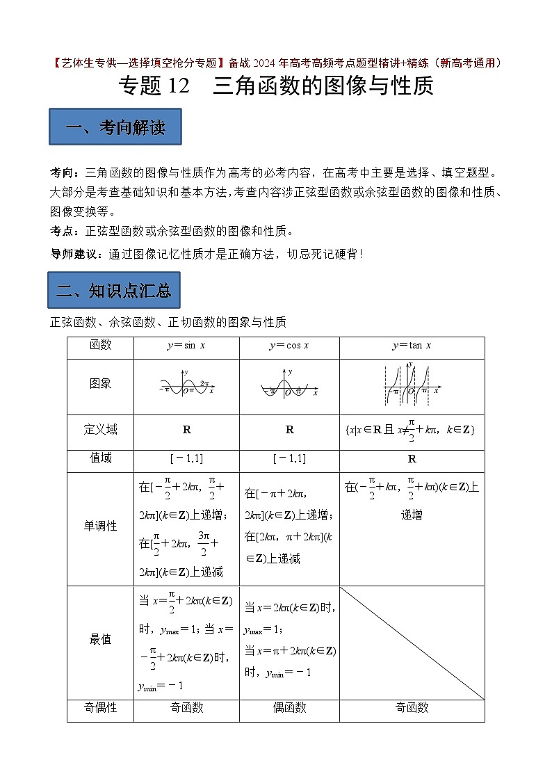 备战2024年高考第一轮专题复习专题12 三角函数的图像与性质【艺体生专供—选择填空抢分专题】备战2024年高考高频考点题型精讲+精练(新高考通用)解析版第1页
