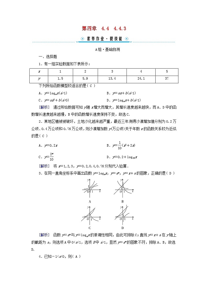 新教材适用2023_2024学年高中数学第4章指数函数与对数函数4.4对数函数4.4.3不同函数增长的差异素养作业新人教A版必修第一册第1页