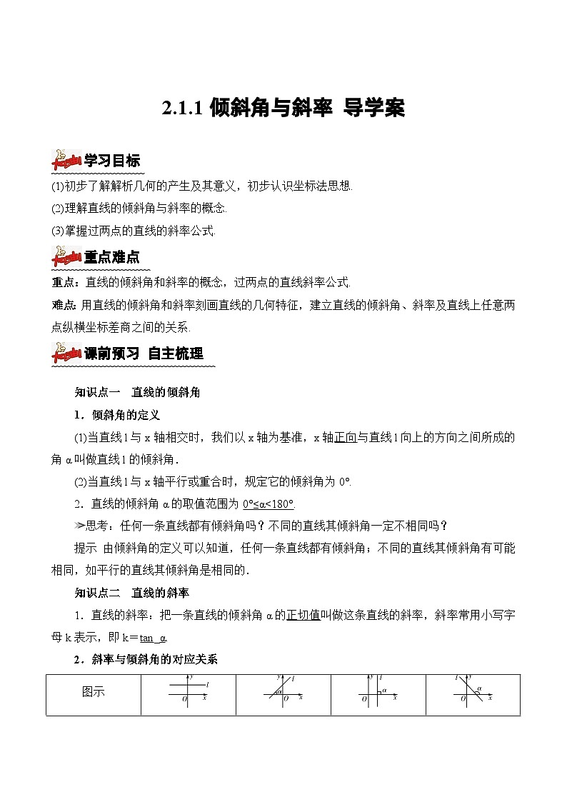 2.1.1倾斜角与斜率(导学案)(解析版) -高二数学同步备课系列(人教A版2019选择性必修第一册)第1页