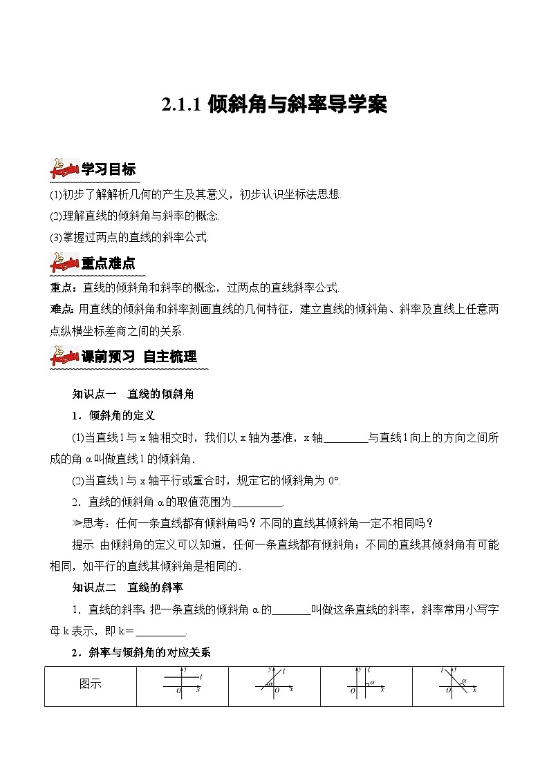 2.1.1倾斜角与斜率(导学案)(原卷版) -高二数学同步备课系列(人教A版2019选择性必修第一册)第1页
