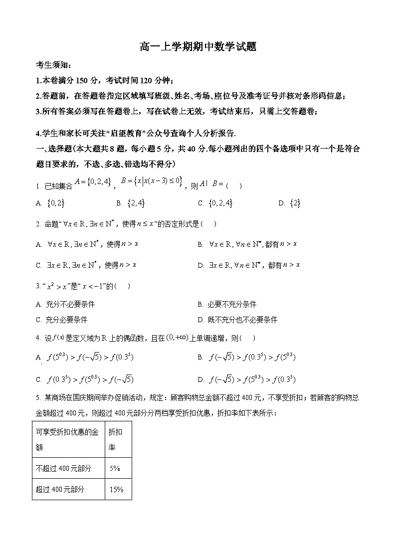 浙江省2022-2023学年高一上学期11月期中联考数学试题(原卷版)第1页