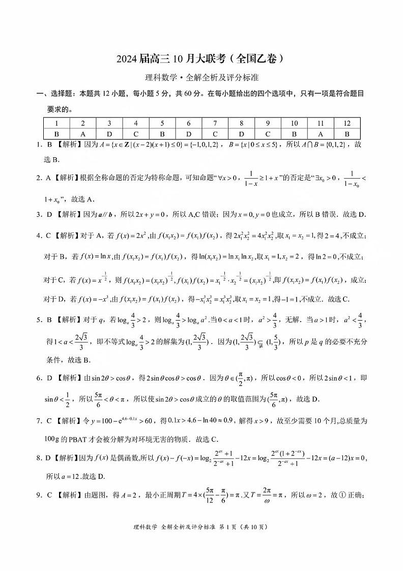 2024安康高新中学高三上学期10月月考试题数学(理)PDF版含答案01