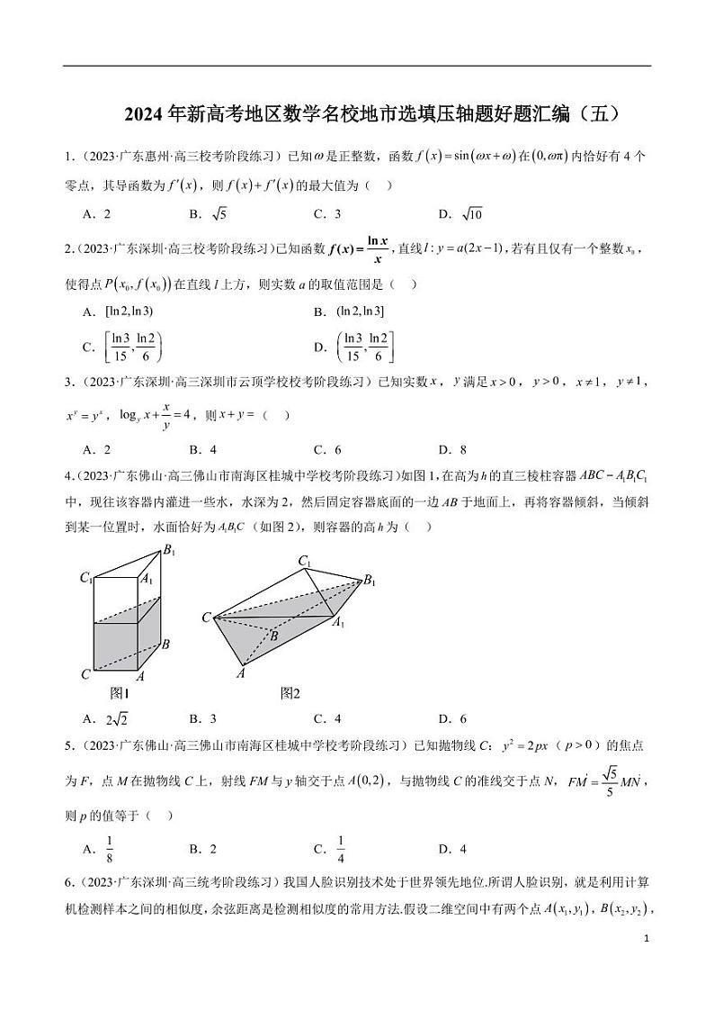 2024年新高考地区数学名校地市选填压轴题好题汇编(五)第1页