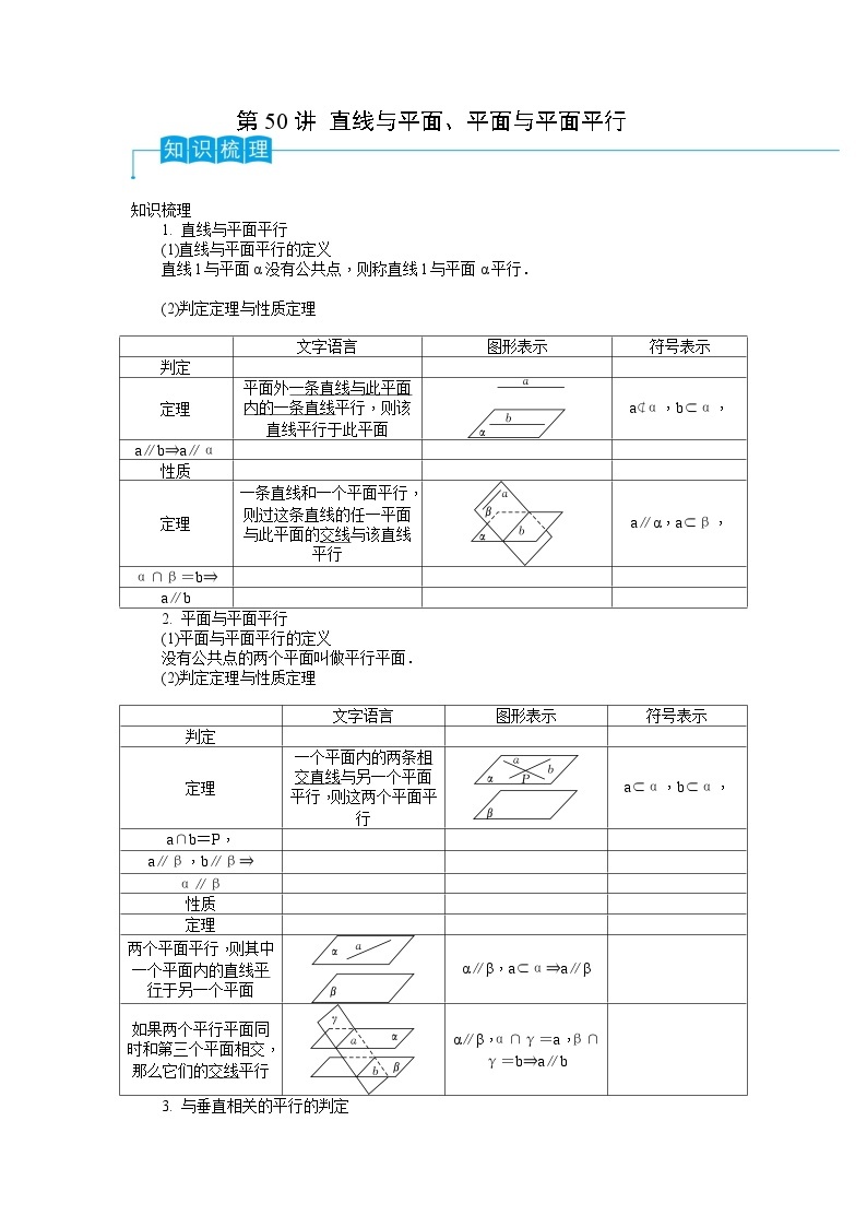 2024年高考数学第一轮复习精品导学案第50讲 直线与平面、平面与平面平行（学生版）+教师版01