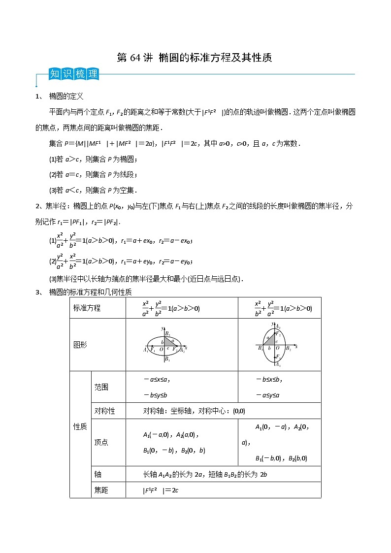 2024年高考数学第一轮复习精品导学案第64讲 椭圆的标准方程及其性质(教师版)第1页