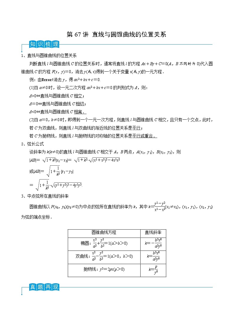 2024年高考数学第一轮复习精品导学案第67讲 直线与圆锥曲线的位置关系(教师版)第1页