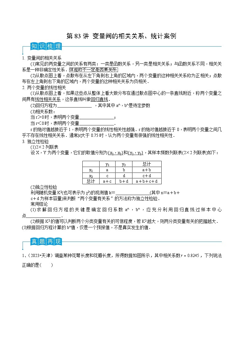 2024年高考数学第一轮复习精品导学案第83讲 变量间的相关关系、统计案例(学生版)第1页