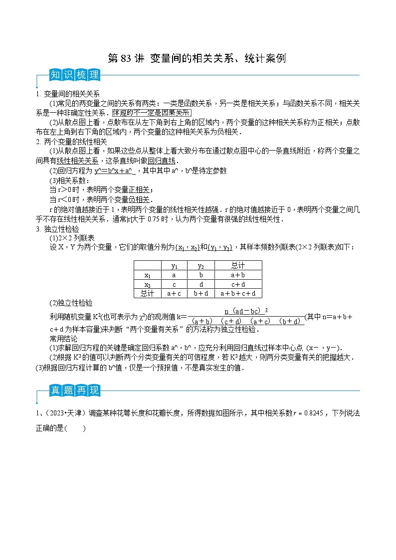 2024年高考数学第一轮复习精品导学案第83讲 变量间的相关关系、统计案例(教师版)第1页