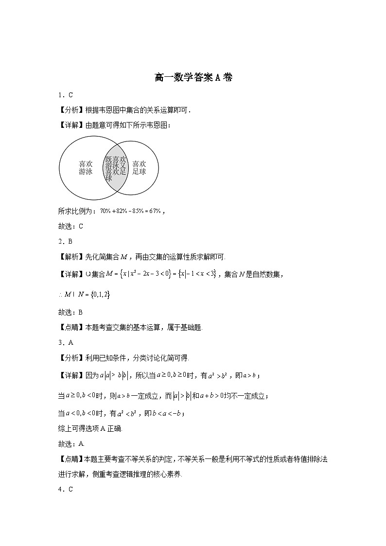 景胜学校2023-2024学年度第一学期高一数学期中试题A卷答案第1页