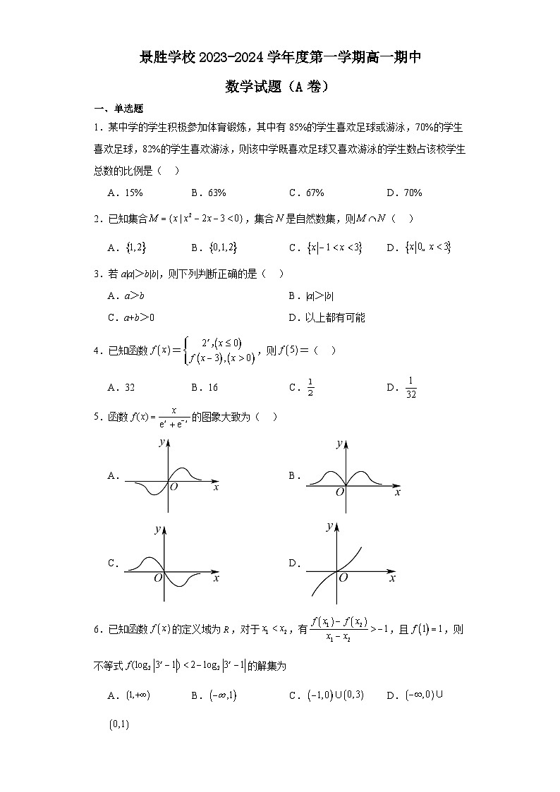 景胜学校2023-2024学年度第一学期高一数学期中试题A卷第1页