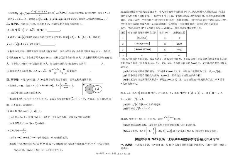 2024成都树德中学高一上学期期中数学试题扫描版含答案02