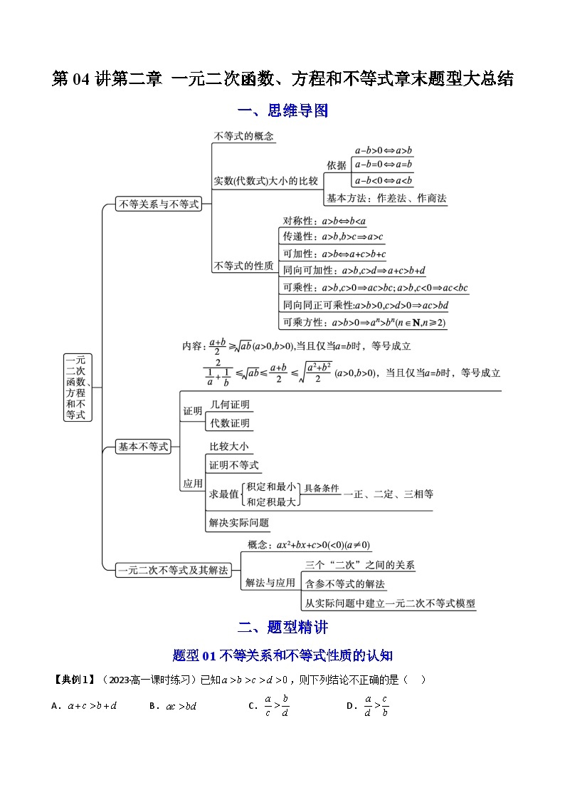 第04讲 第二章 一元二次函数、方程和不等式章末重点题型大总结（精讲）-2023-2024学年高一数学同步学精讲精练（人教A版必修第一册）01