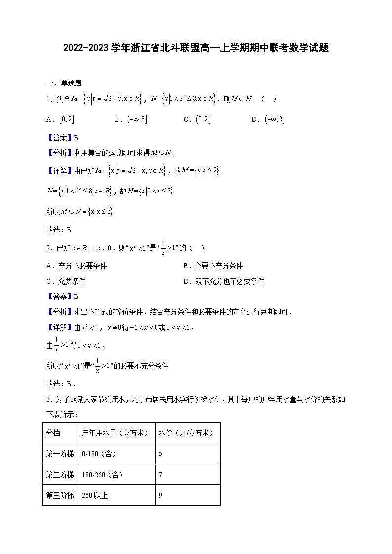 2022-2023学年浙江省北斗联盟高一上学期期中联考数学试题(解析版)第1页
