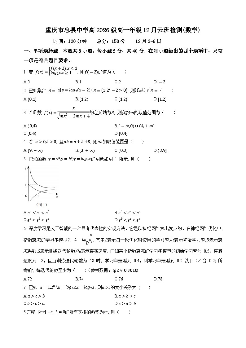 重庆市忠县中学2023-2024学年高一上学期12月云班检测数学试题第1页
